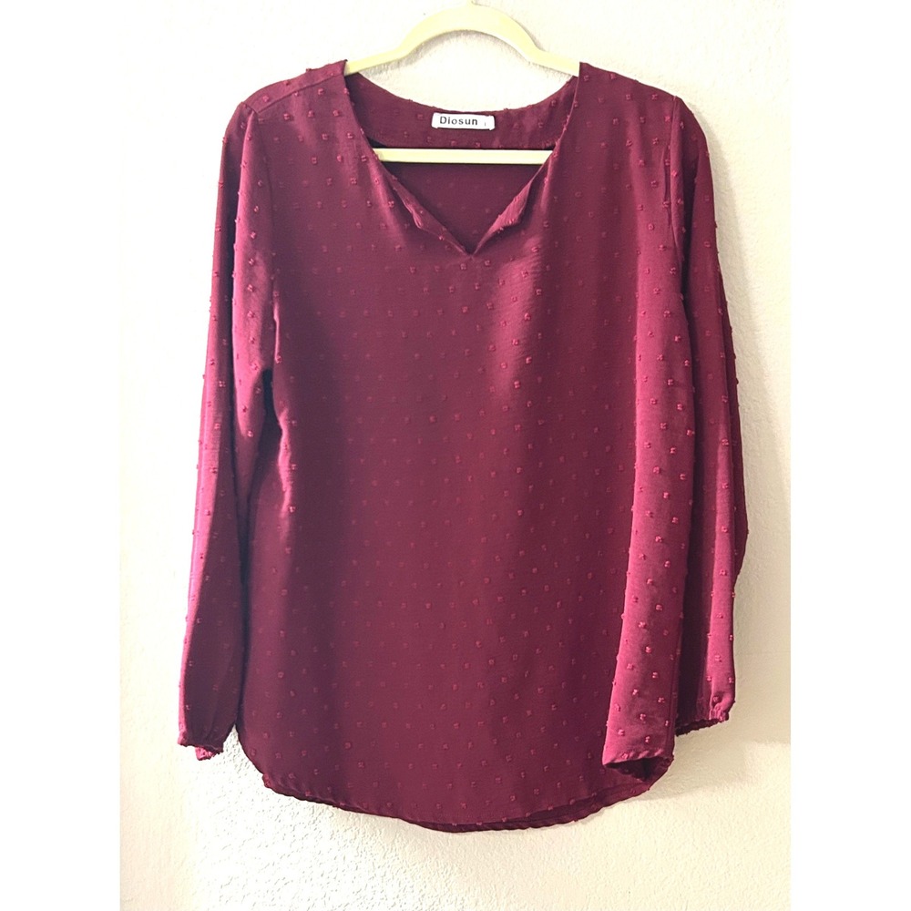 Diosun Womens Burgundy Swiss Dot Long Sleeve V-Neck Blouse Top Size Large